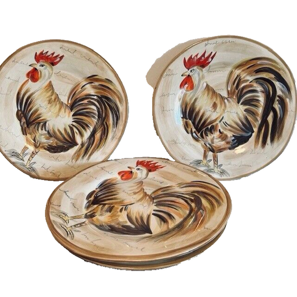 TableTops Gallery Romalo Rooster Dinner Plate 11.5" set of 4 Hand Painted Rustic
